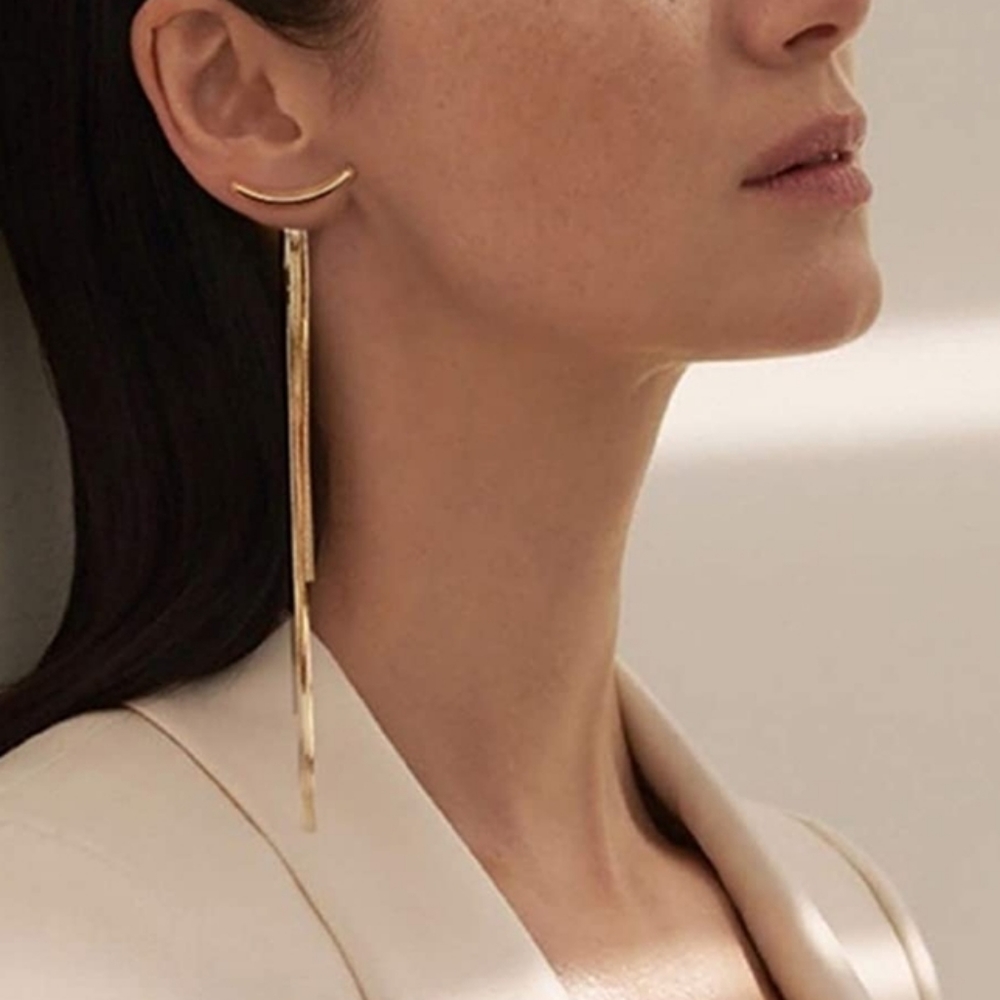 Curved Bar yellow Gold plated Tassel boho chic Statement earrings 2/$30 - Picture 8 of 13
